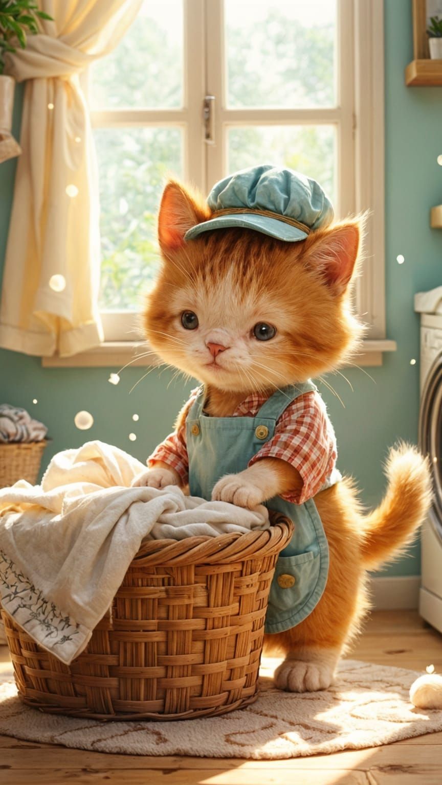 Cute Cat Doing Laundry