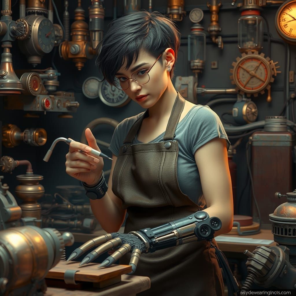 Steampunk Mechanic in Workshop Repairing Robotic Limbs