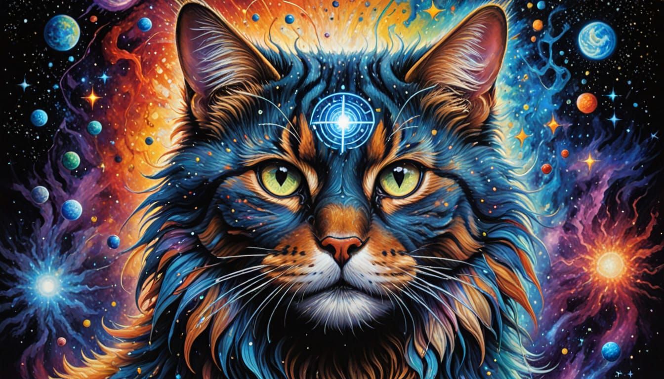 Divine Feline Quantum Realms in Hyperdetailed Cosmic Art