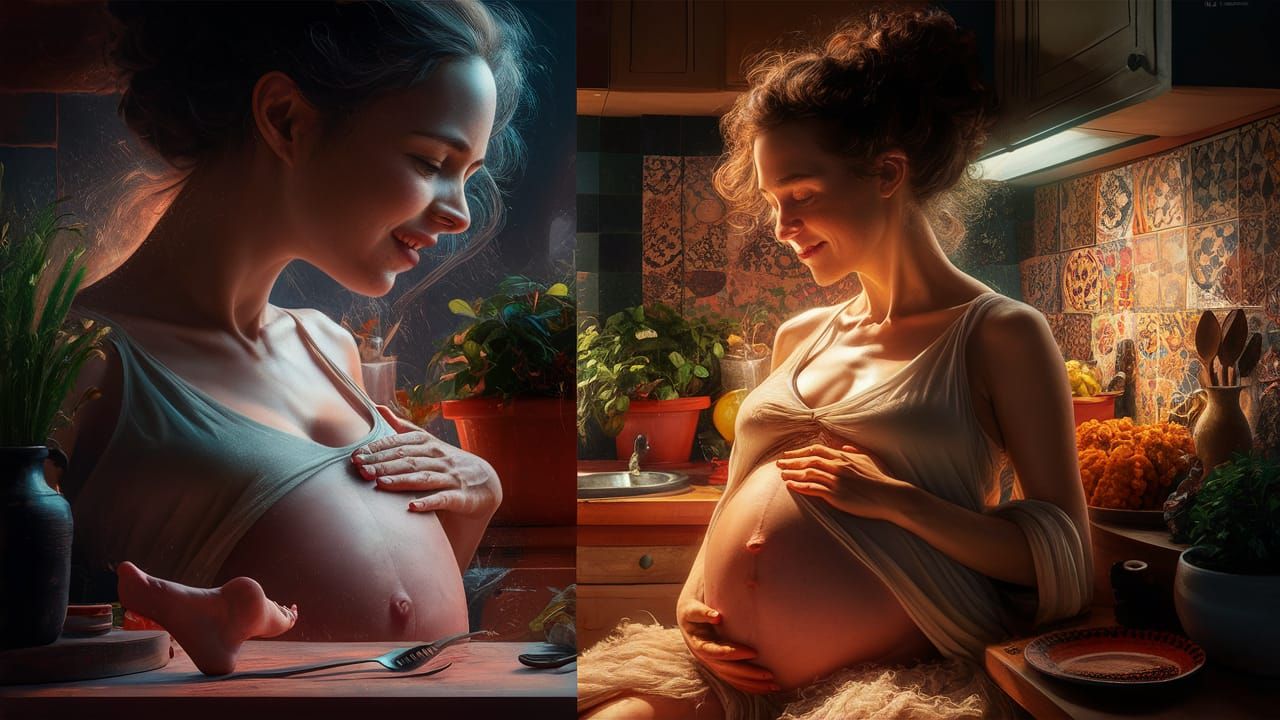 Pregnant Woman in Kitchen: Hyperrealistic Splash Art