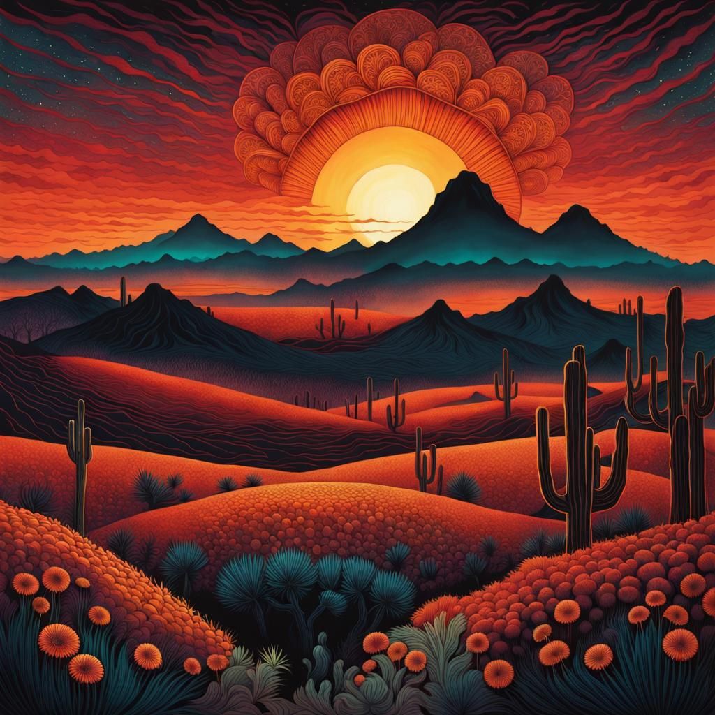 Mexican Desert Sunset: Detailed Ink Illustration