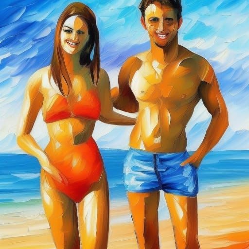Couple standing at a sunny sandy beach wearing swimsuits leo...