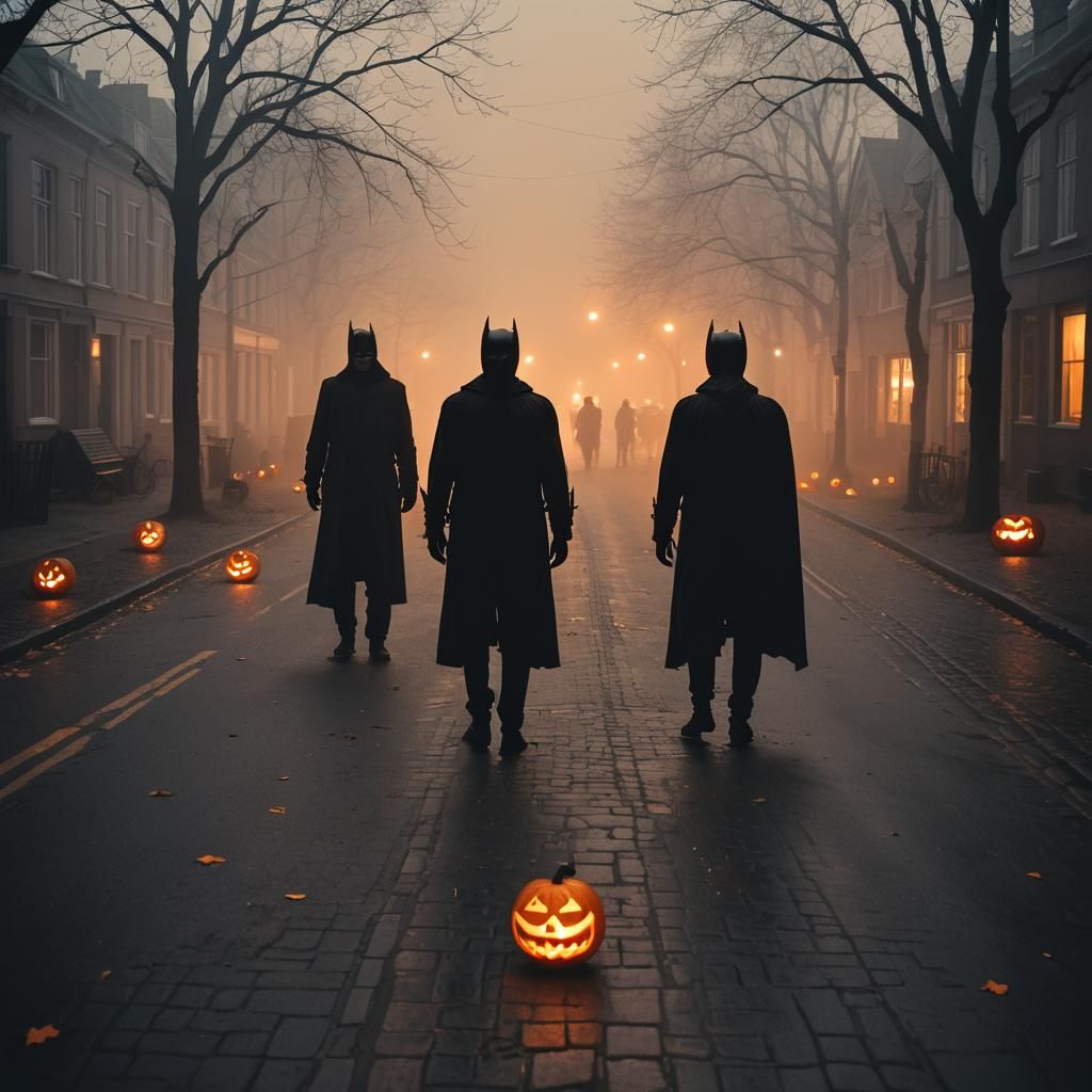 Halloween Night: Batman and Spiderman in the Mist