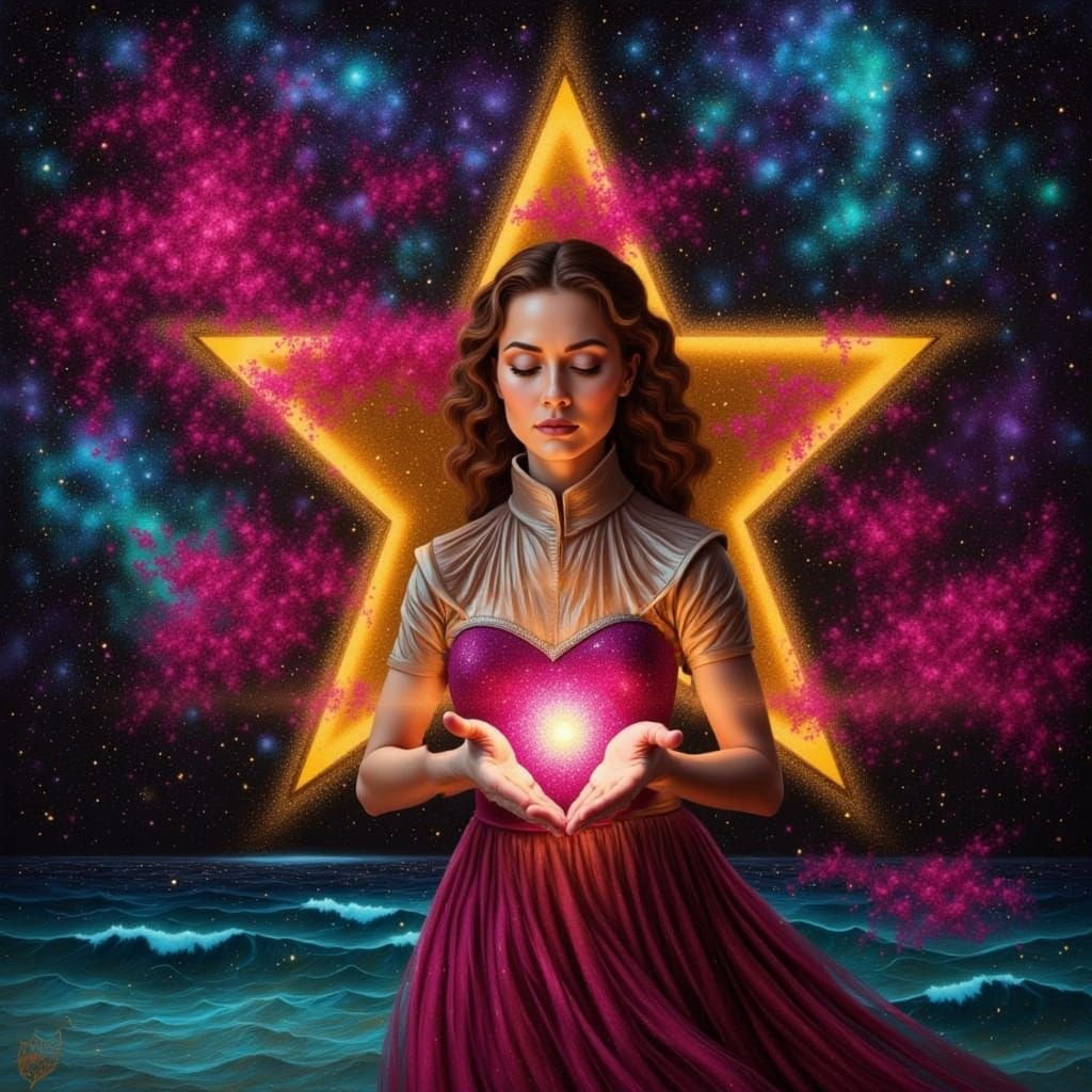 A woman holds a star