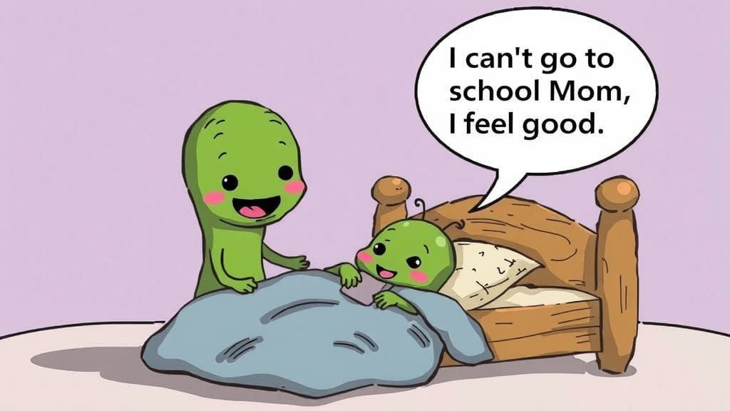 Happy Germ Microbe in Bed, Refuses School