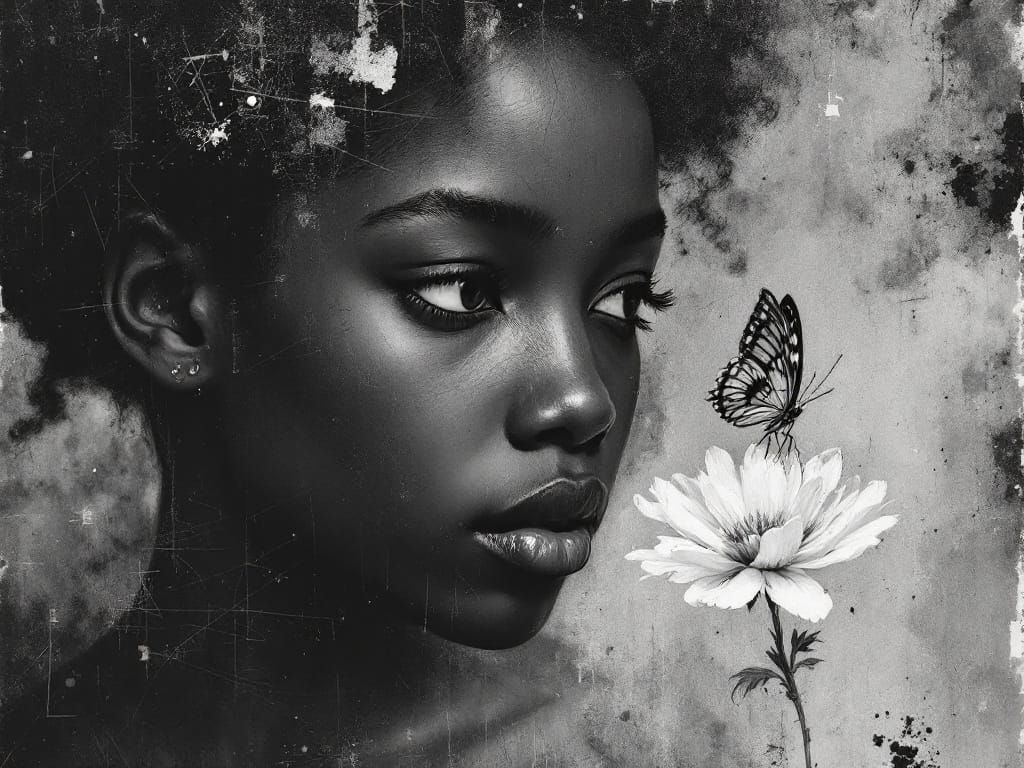 Jamaican Girl and Butterfly: Black & White Lithograph