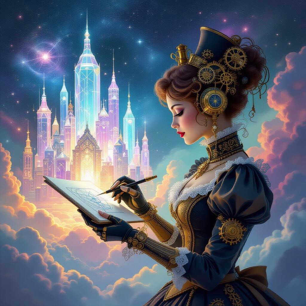 Clockwork Explorer Sketches Luminous Crystalline City in Neb...