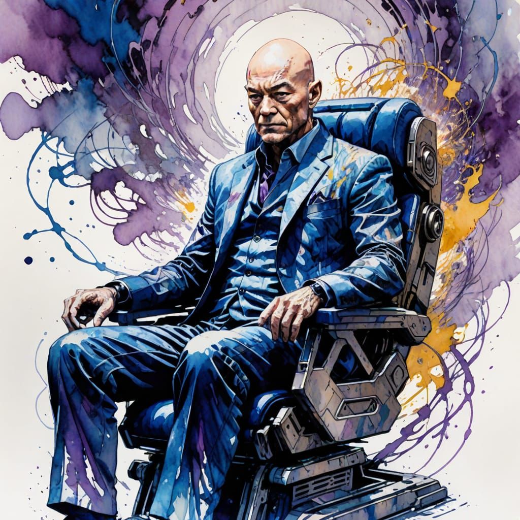 Professor X Radiating Cerebral Energy in Watercolor