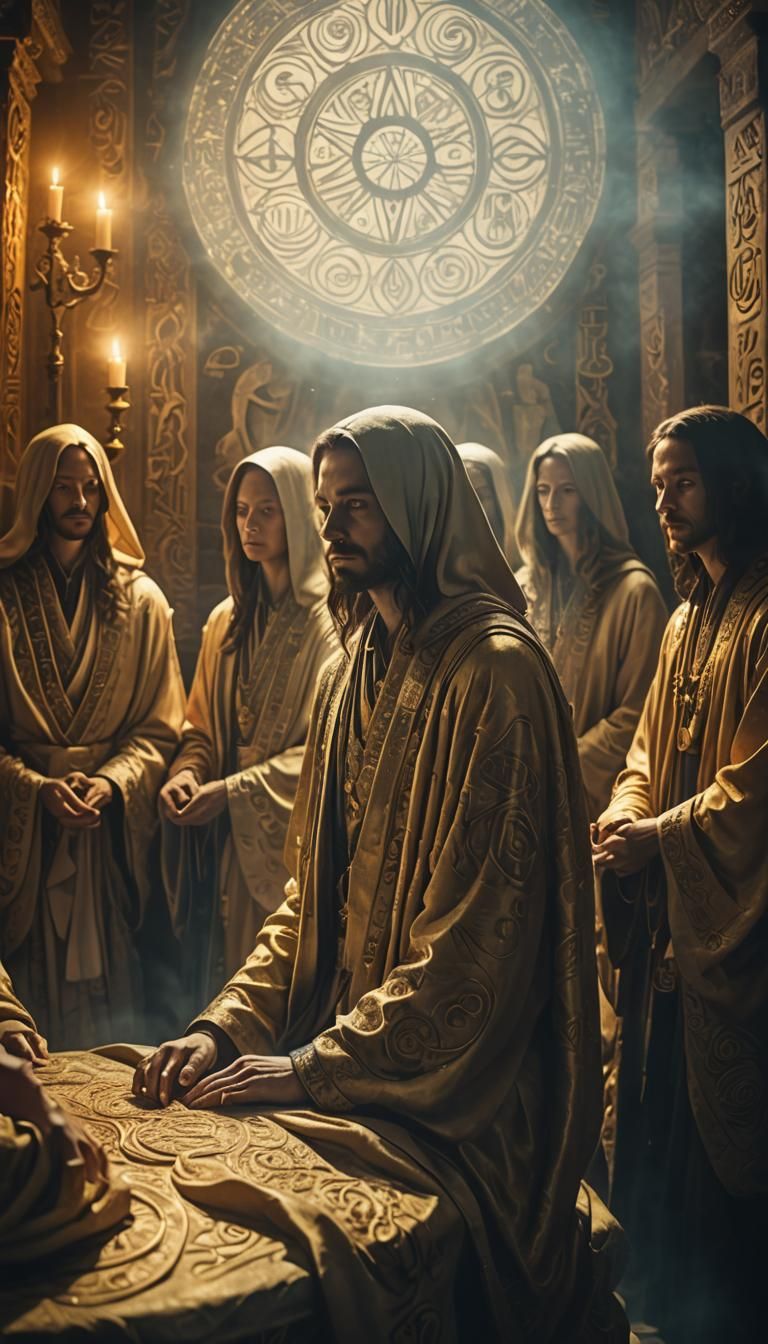 Mystical Gathering in Ornate House with Glowing Runes