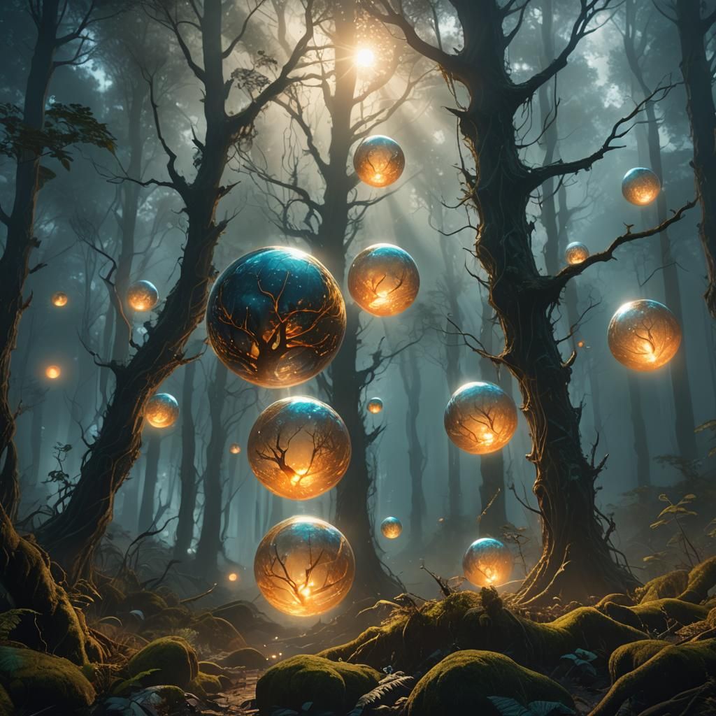 Glowing Spirit Orbs in Mystical Forest: Digital Art