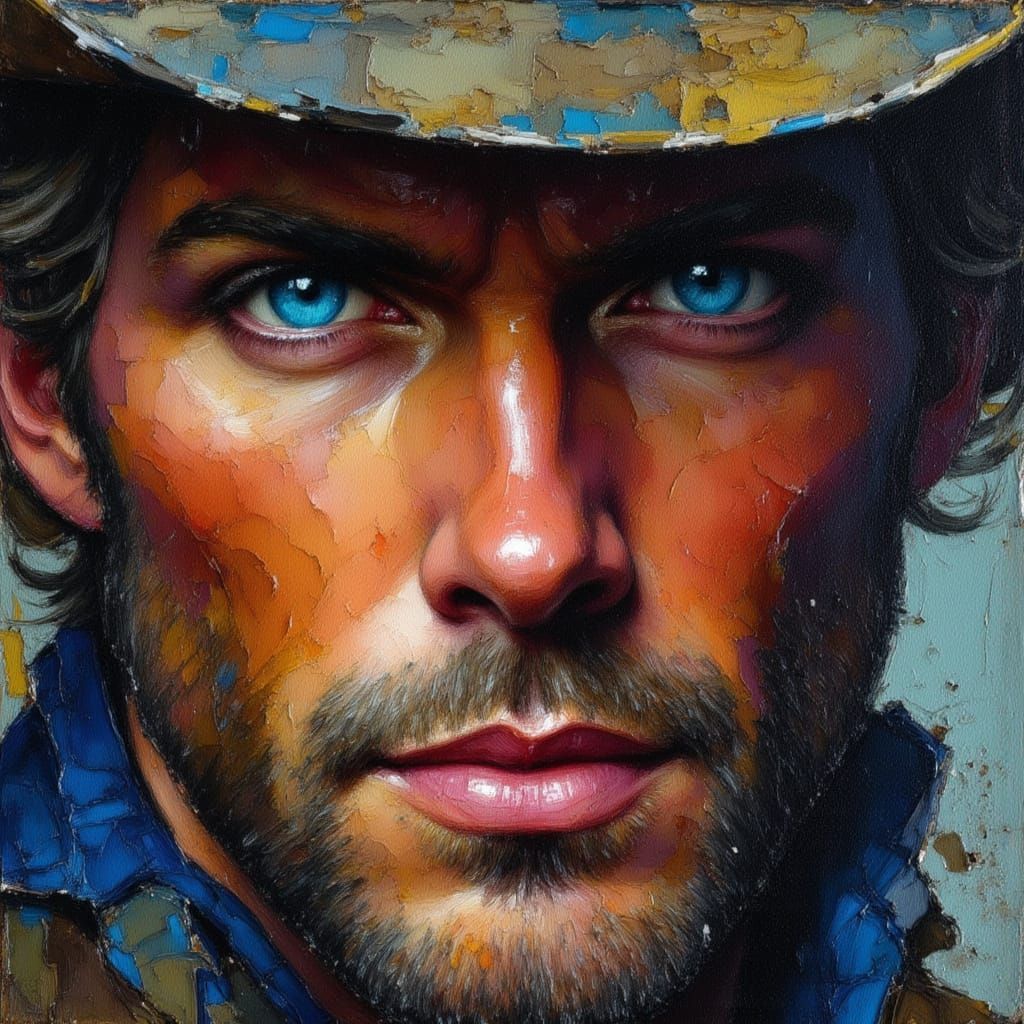 Rugged Cowboy Portrait with Icy Eyes, Impasto Oil Painting