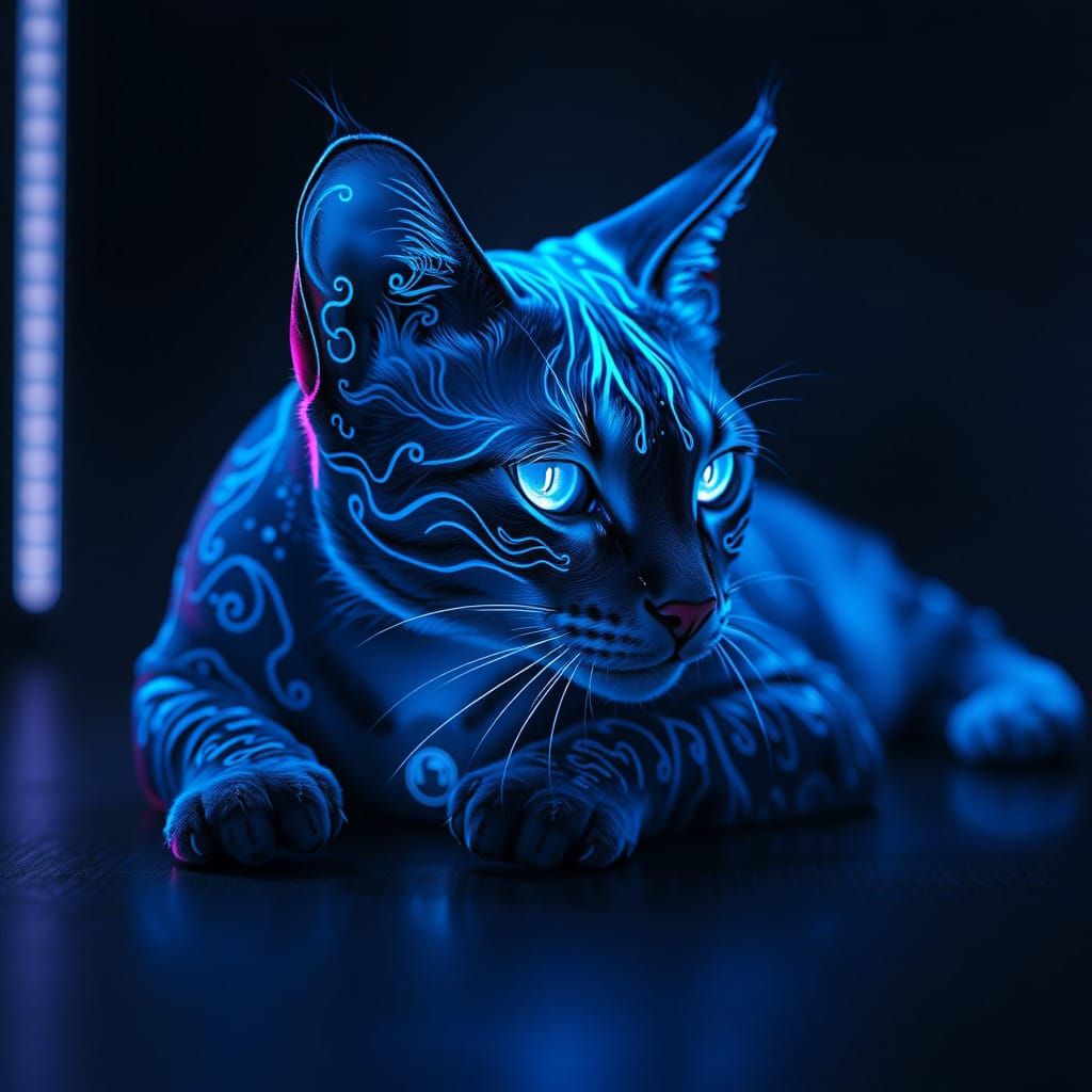 A glowing neon-blue cat lying gracefully in a dark environme...