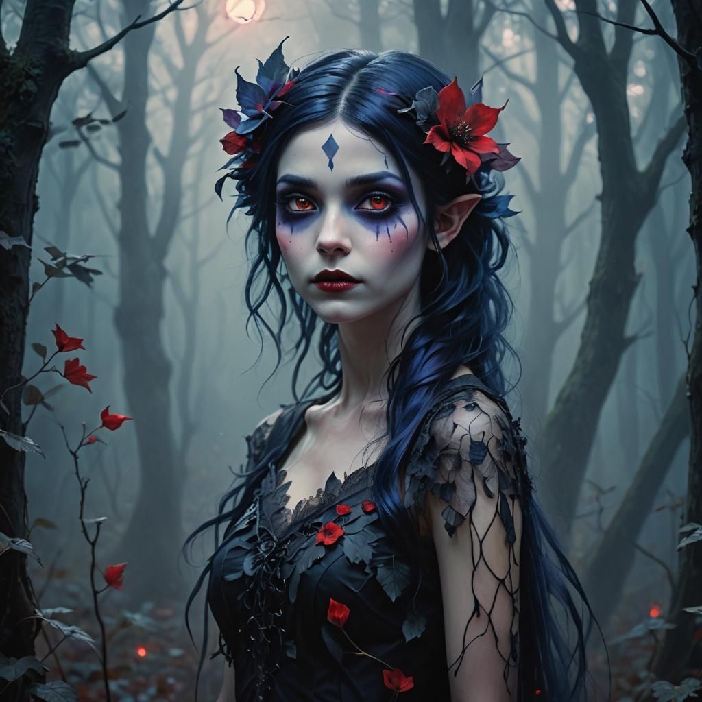 Dark Pixie Fairy Portrait in Gothic Fauvism Style