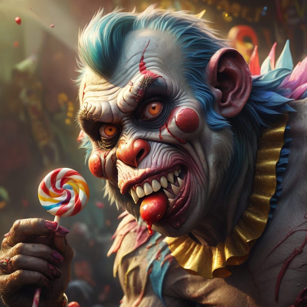 Hyperrealistic Zombie Monkey Clown with Lollipop, Digital Ar...