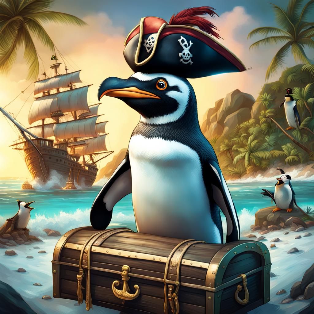 Pirate Penguin Army on Tropical Island