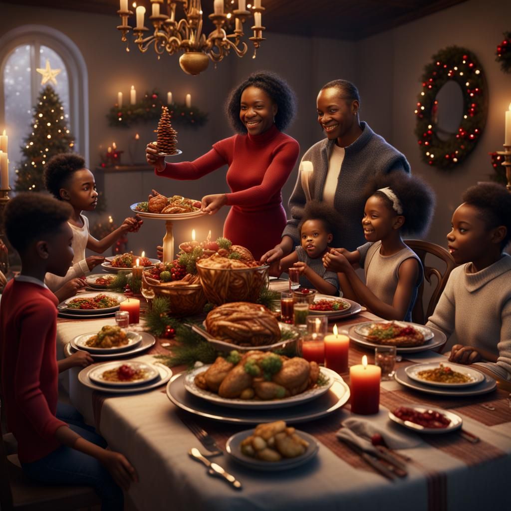 African American Family Christmas Dinner: Detailed Matte Pai...