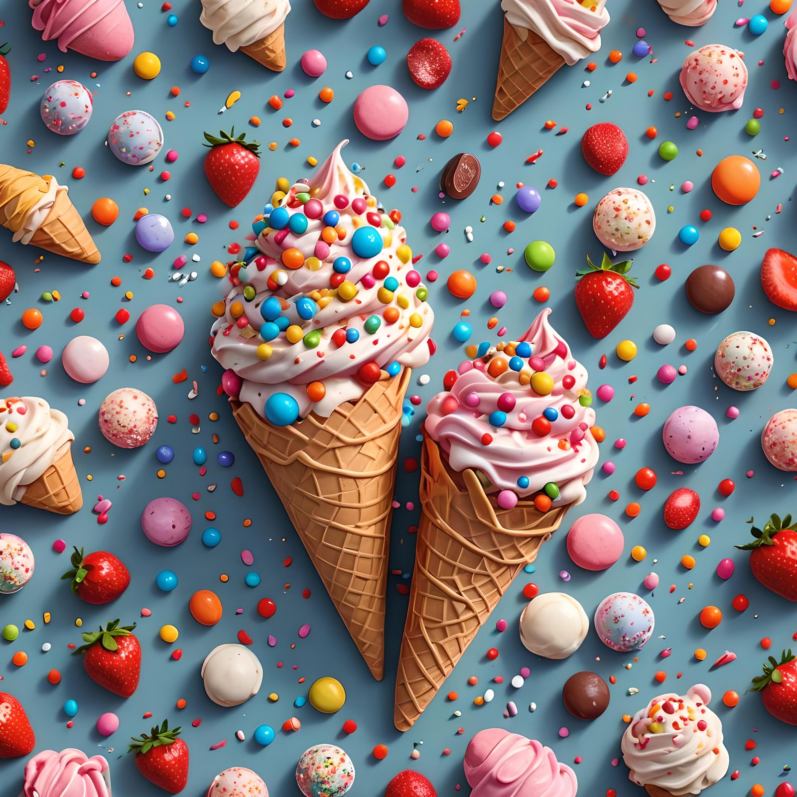 Strawberry Ice Cream Cone in Candy Art Style