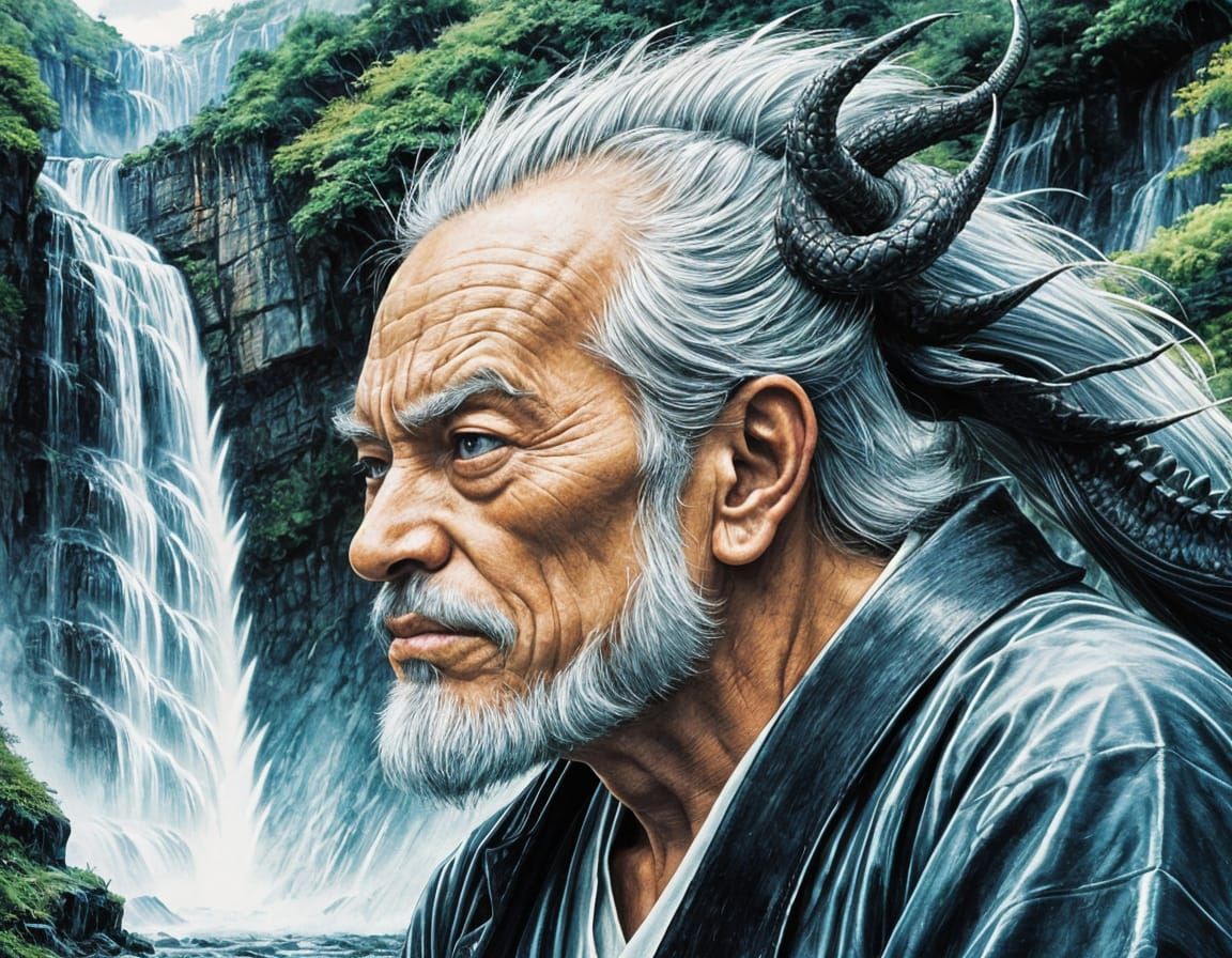 Old Man and Dragon: Ink Portrait