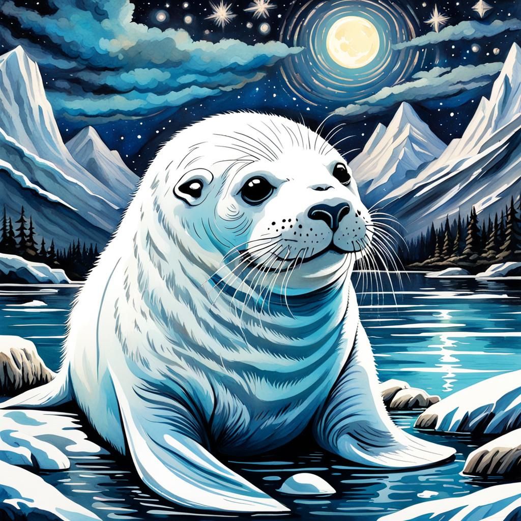 Bioluminescent Seal by River: Gothic Watercolor Art