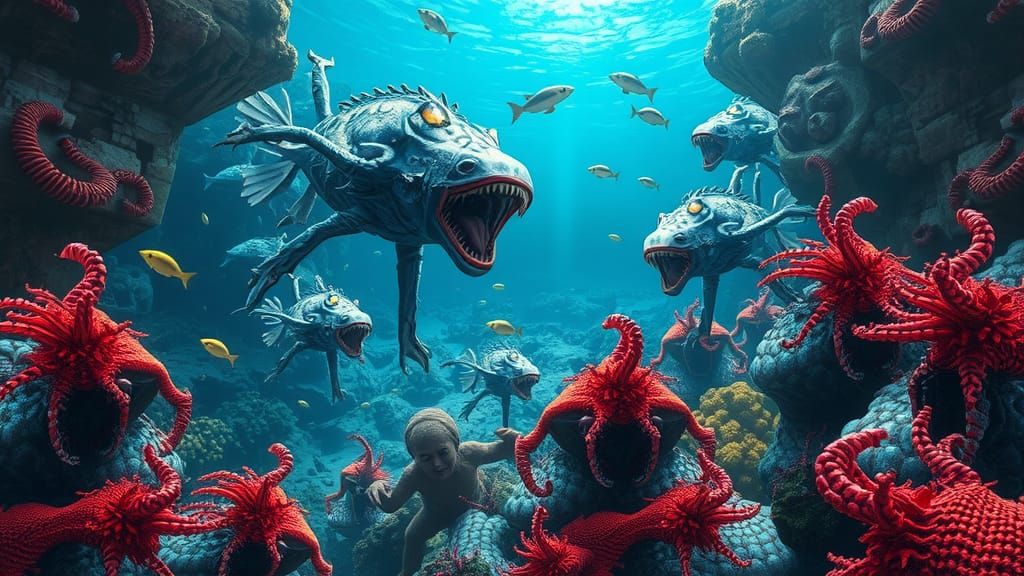 Sinister Alien Underwater Wildlife on Exoplanet Reef