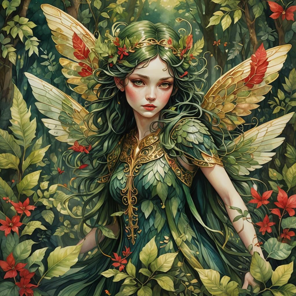 Pixie in Verdant Forest: Contemporary Folk Art