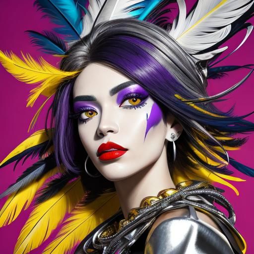 Abstract Expressionist Portrait of Woman with Feathers