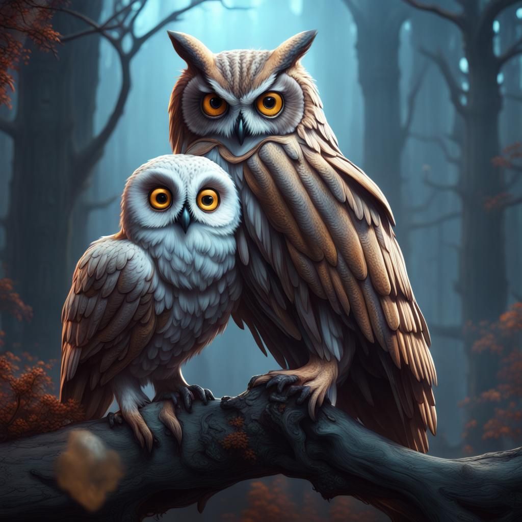 Owl Hugging a Ghost in Detailed Matte Painting