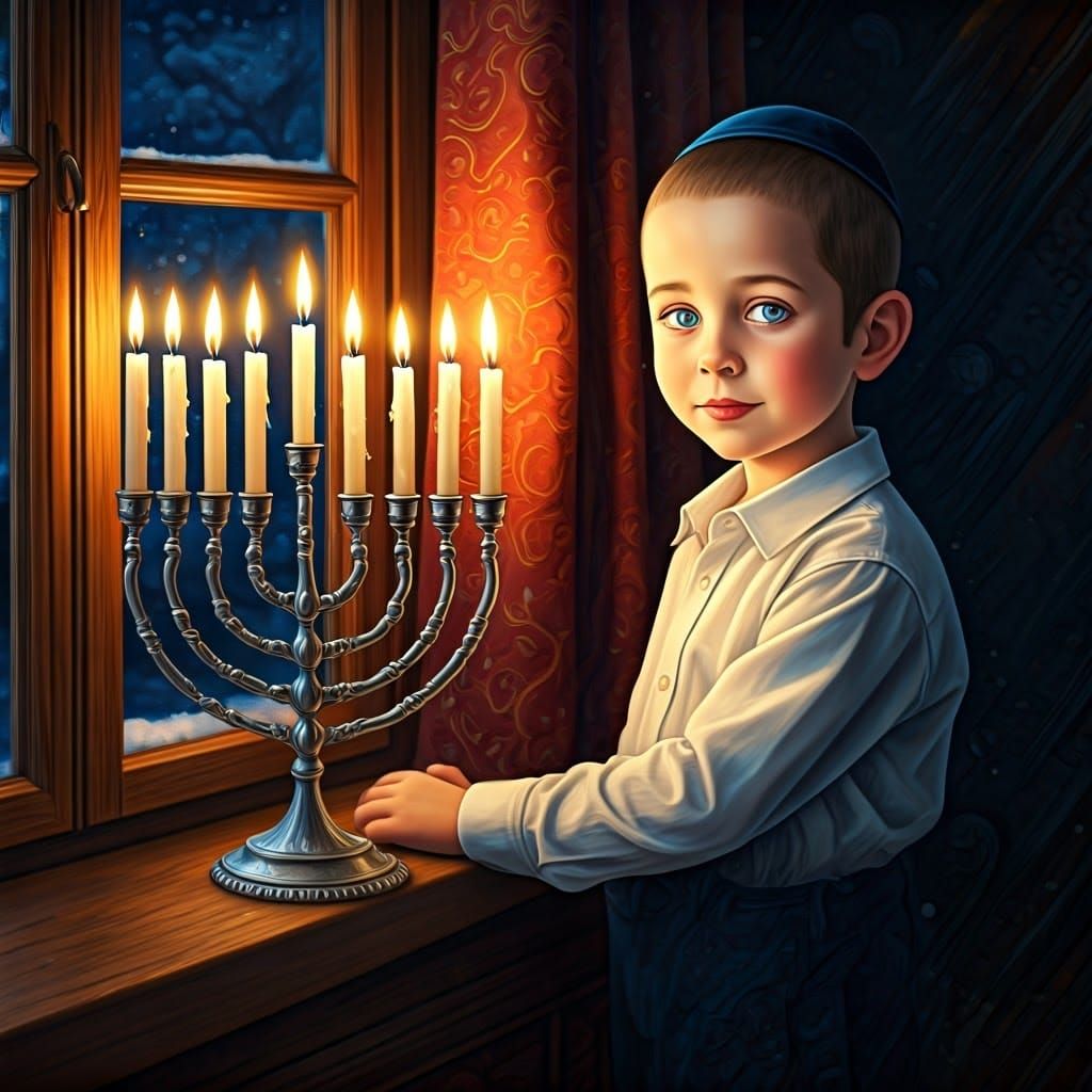 "A 6-year-old Hasidic Jewish boy, his head shaved, peyote curled around his ears. He is wearing a white button-up shirt ...