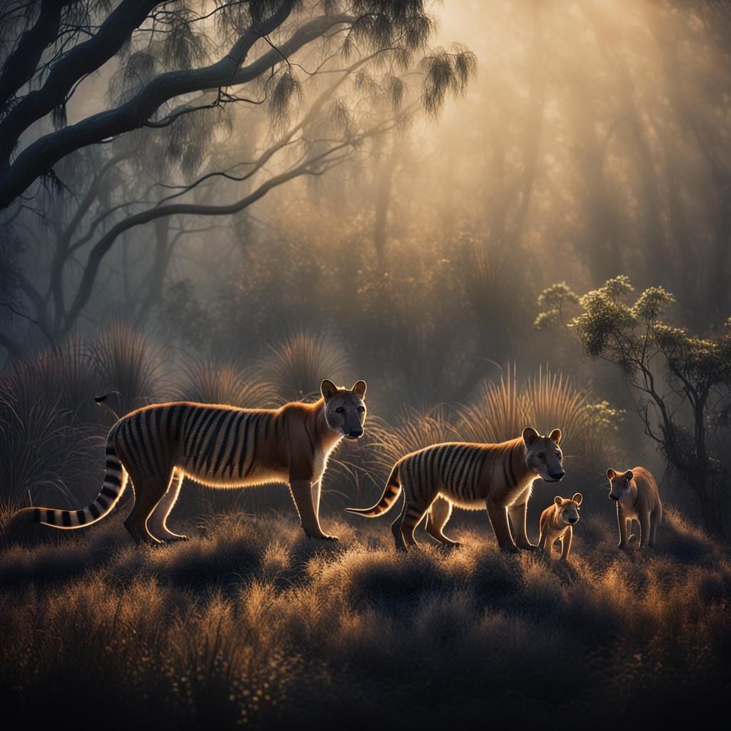 Tasmanian Tiger Family in Dawn Light
