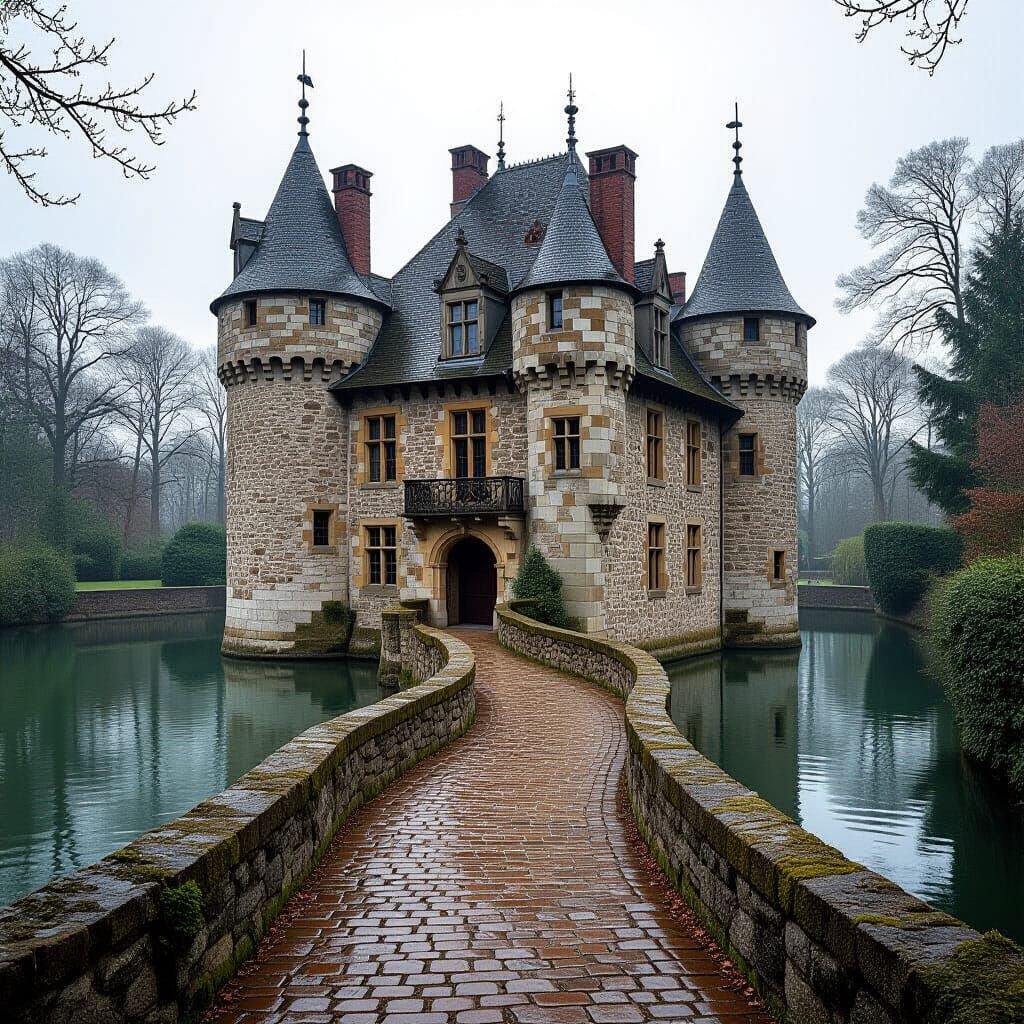 Medieval Castle with Moat in Romantic Style