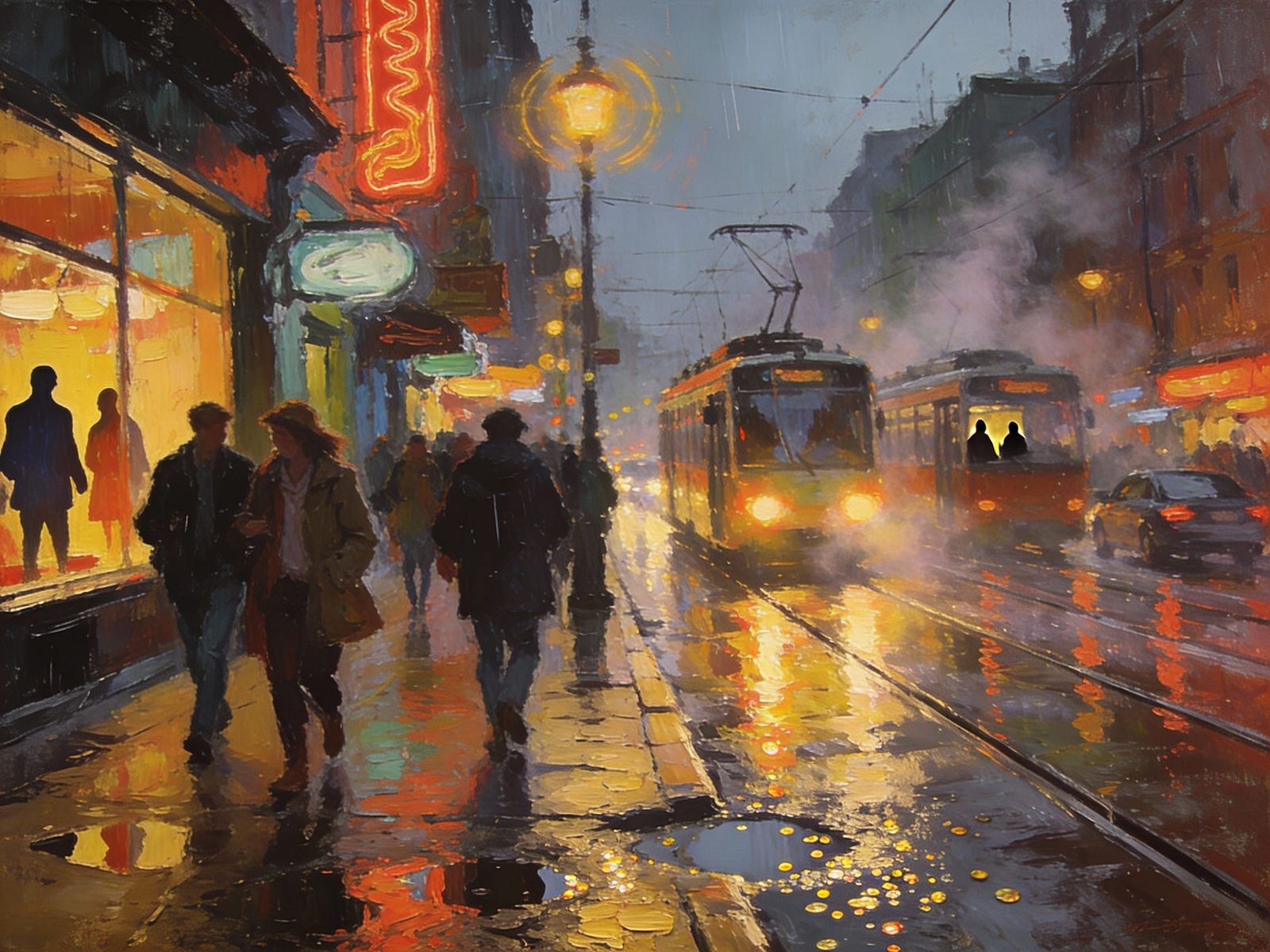 Impressionist City Street After Rain with Wet Reflections