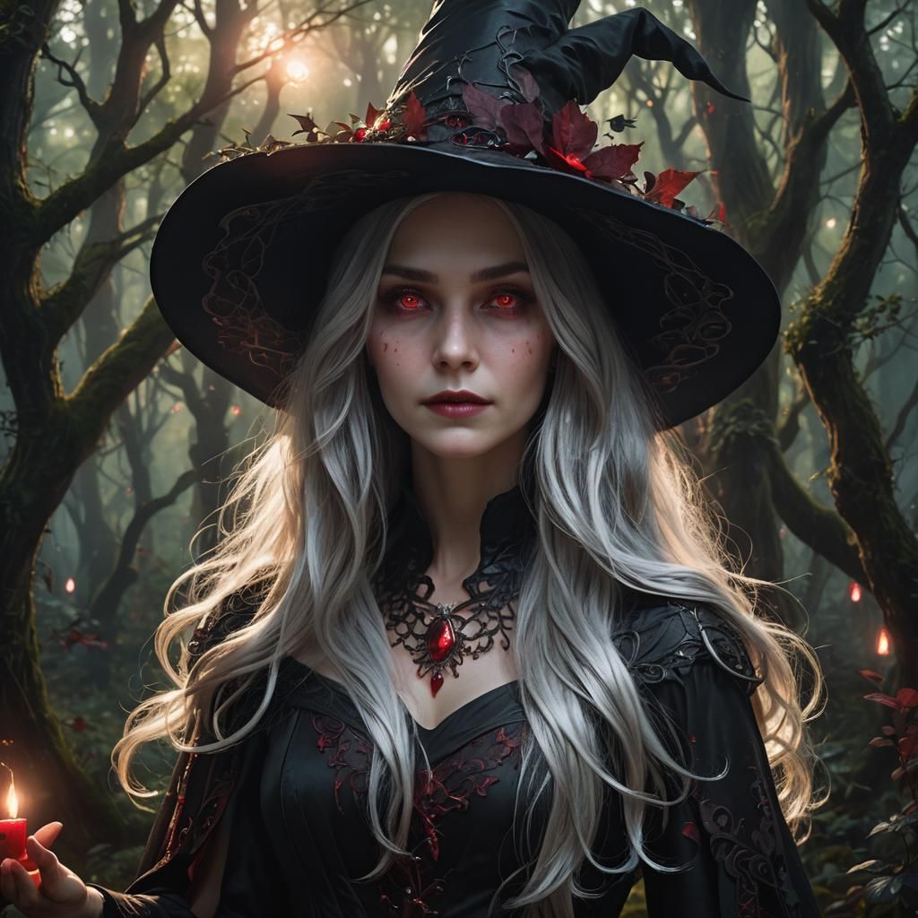 Ruby-Eyed Witch in Anime Style Forest