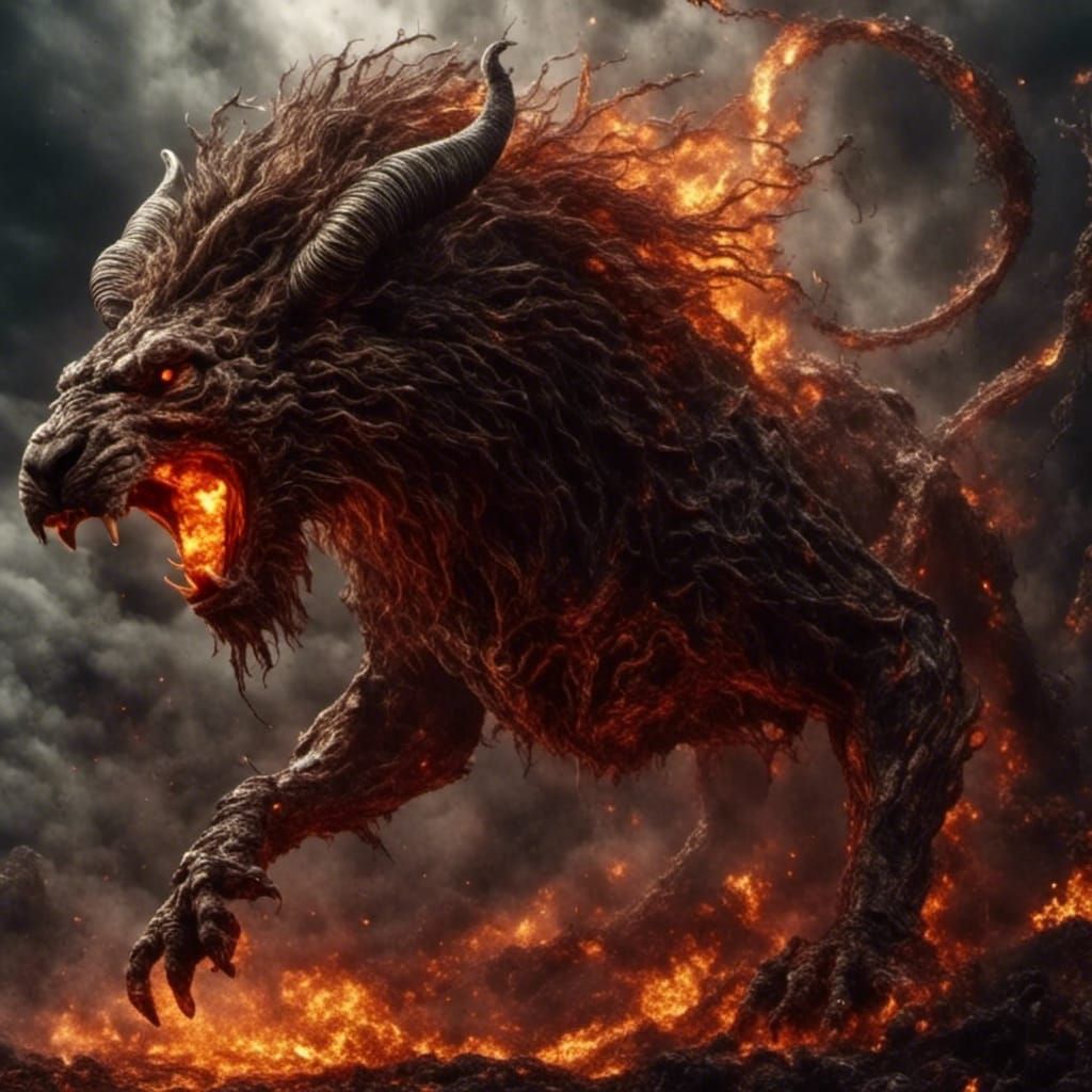 Monstrous Chimera Bursting Through Flames