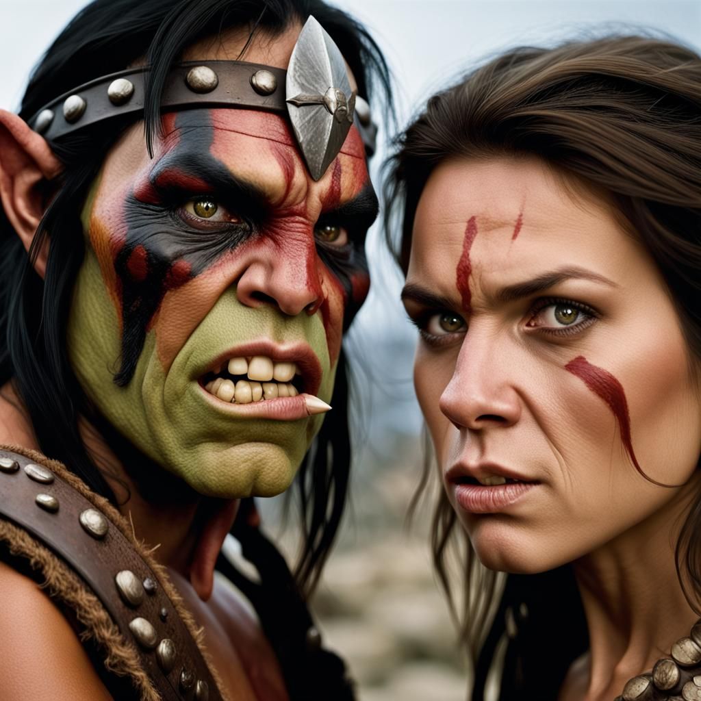 Half-Orc Barbarian Defending Woman: Professional Portrait