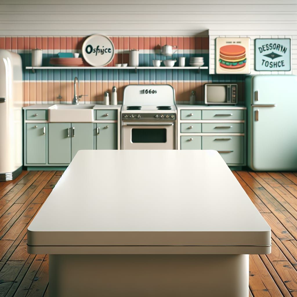 photorealistic images showcasing a retro Western-style kitchen, with a focus on a blank white counter and a blurred back...