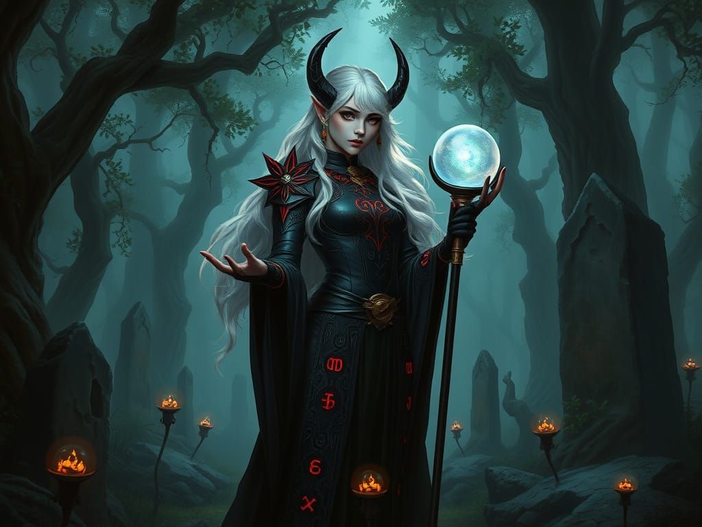 Dark Elf Enchantress in Ethereal Forest, Art Nouveau