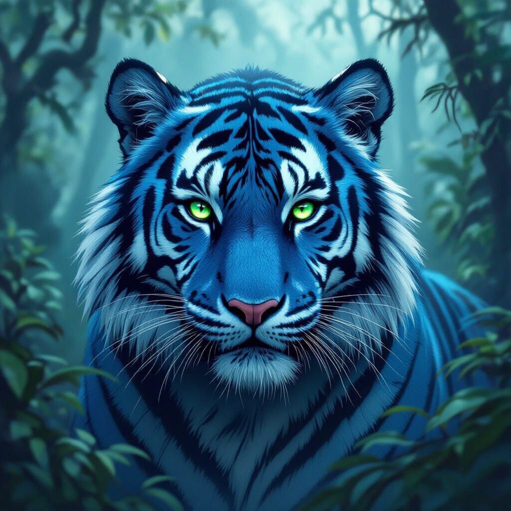 Majestic Blue Tiger in Misty Forest
