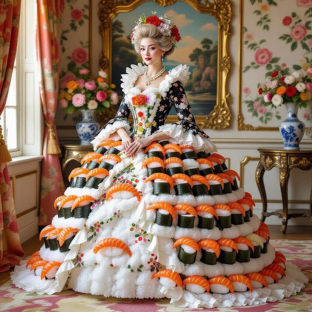 Rococo Lady in Extravagant Sushi Gown Portrait