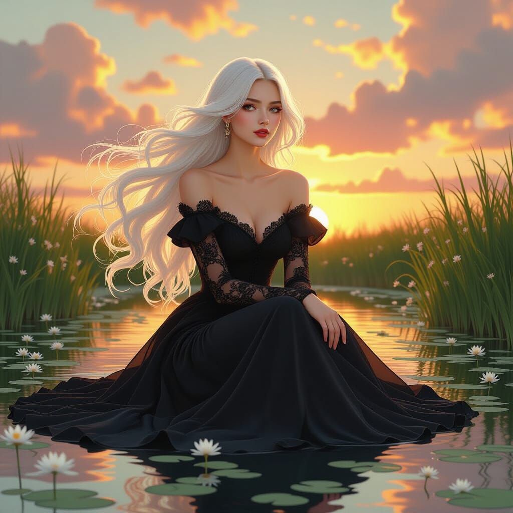 Dreamy Woman in Lake Garden: Digital Art Portrait