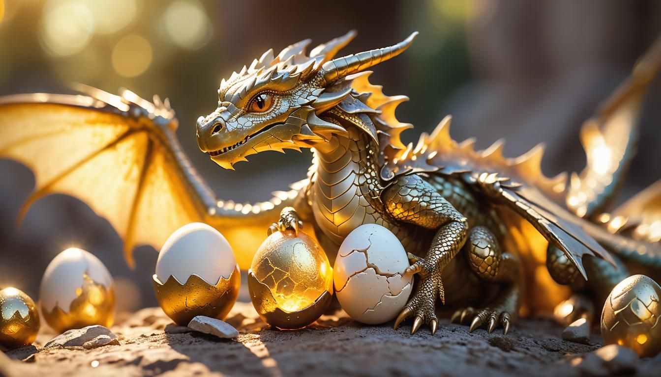 Newborn Dragon Hatching in a Sun-Dappled Lair