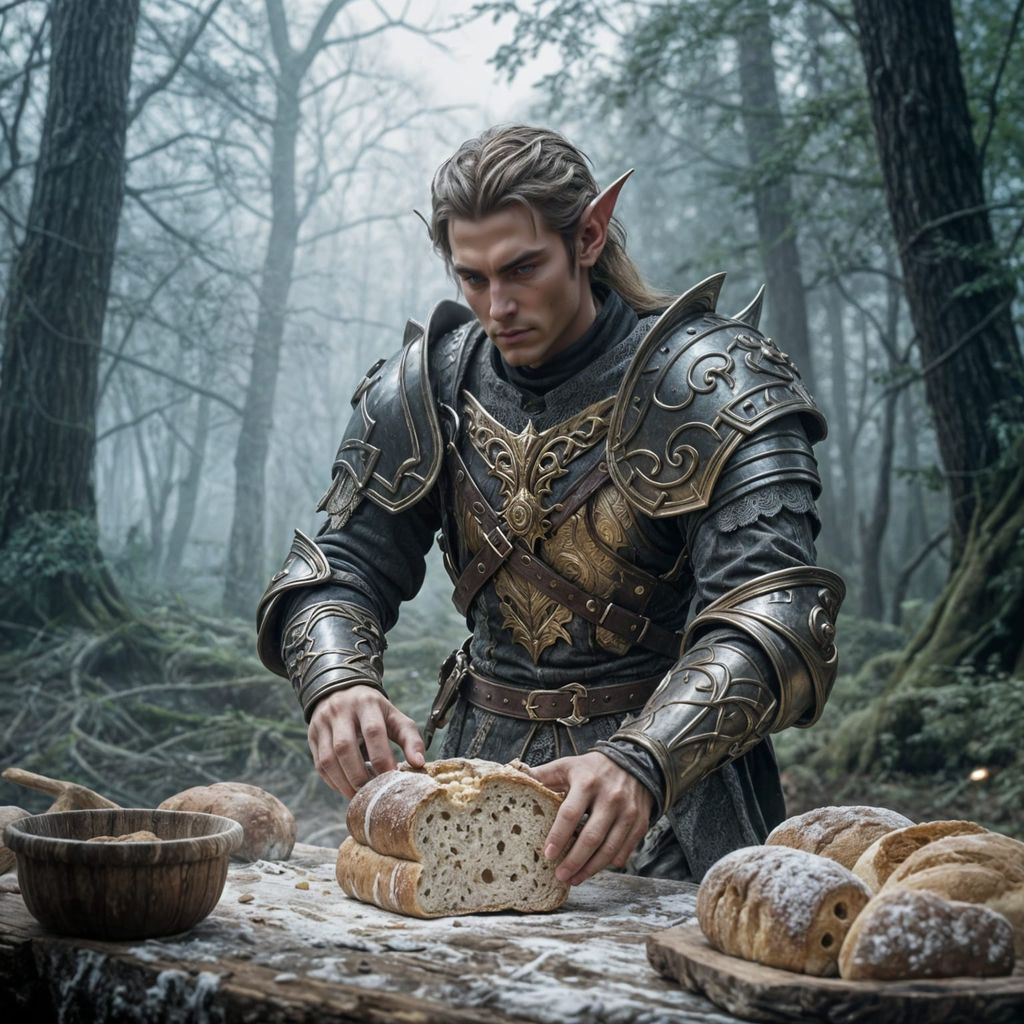 Epic Elven Bread Warrior in High Fantasy Setting