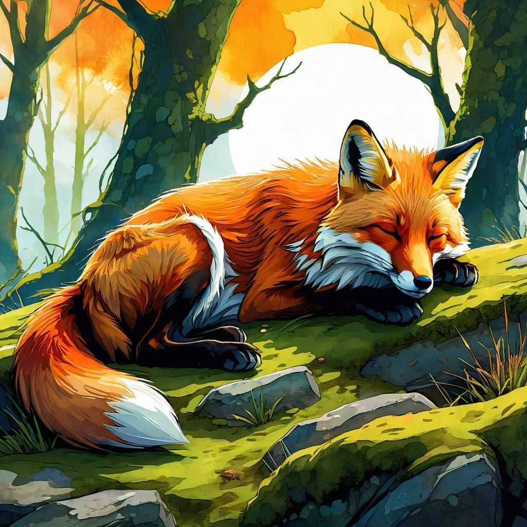 Red Fox Sleeping on Knoll in Comic Book Style