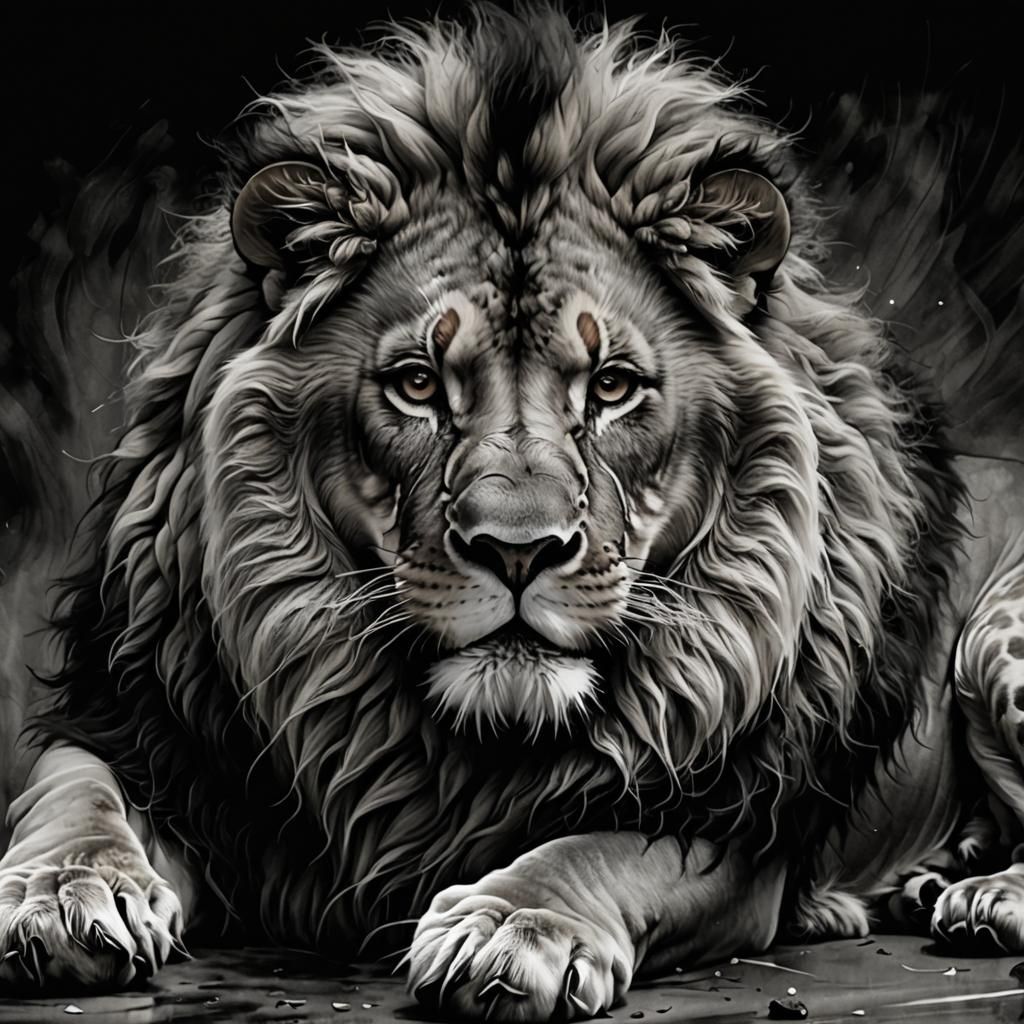 Lion Sleeps: Modern Ink Action Painting in Charcoal