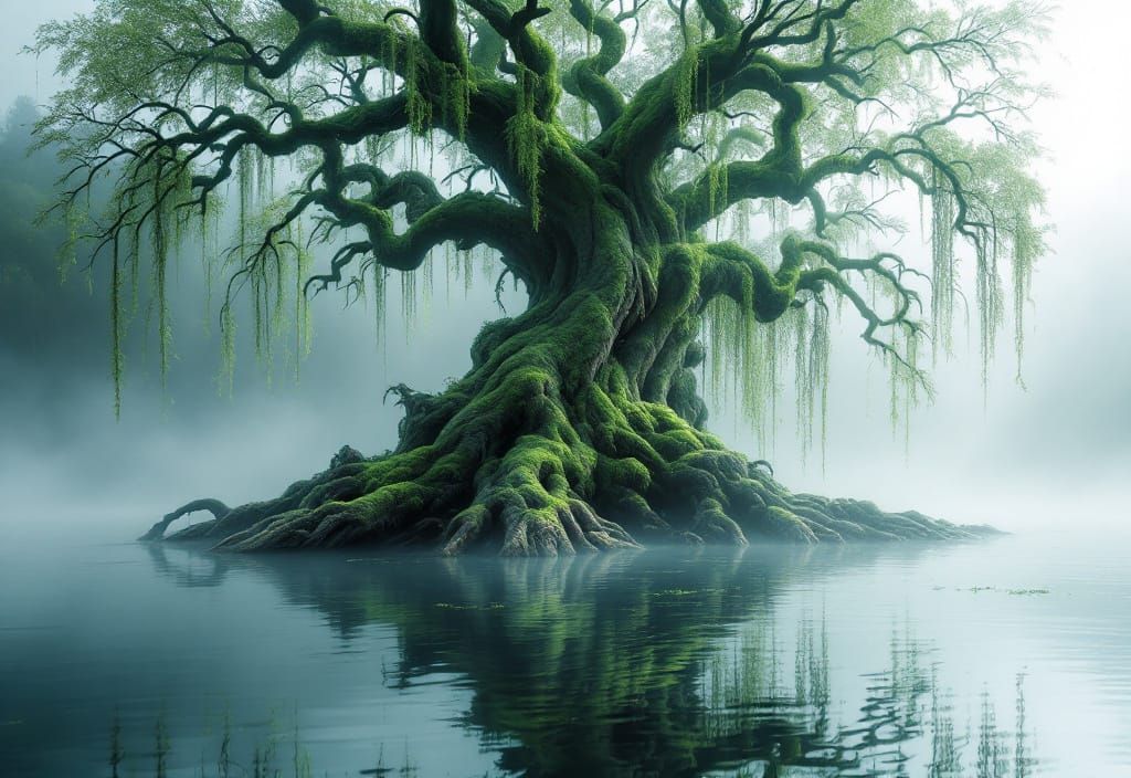 Moss-Covered Willow Tree Reflected in Misty Water
