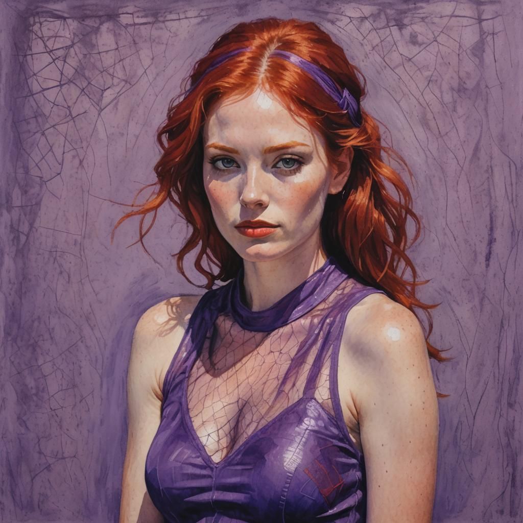 Red Haired Woman in Oil Pastel Painting