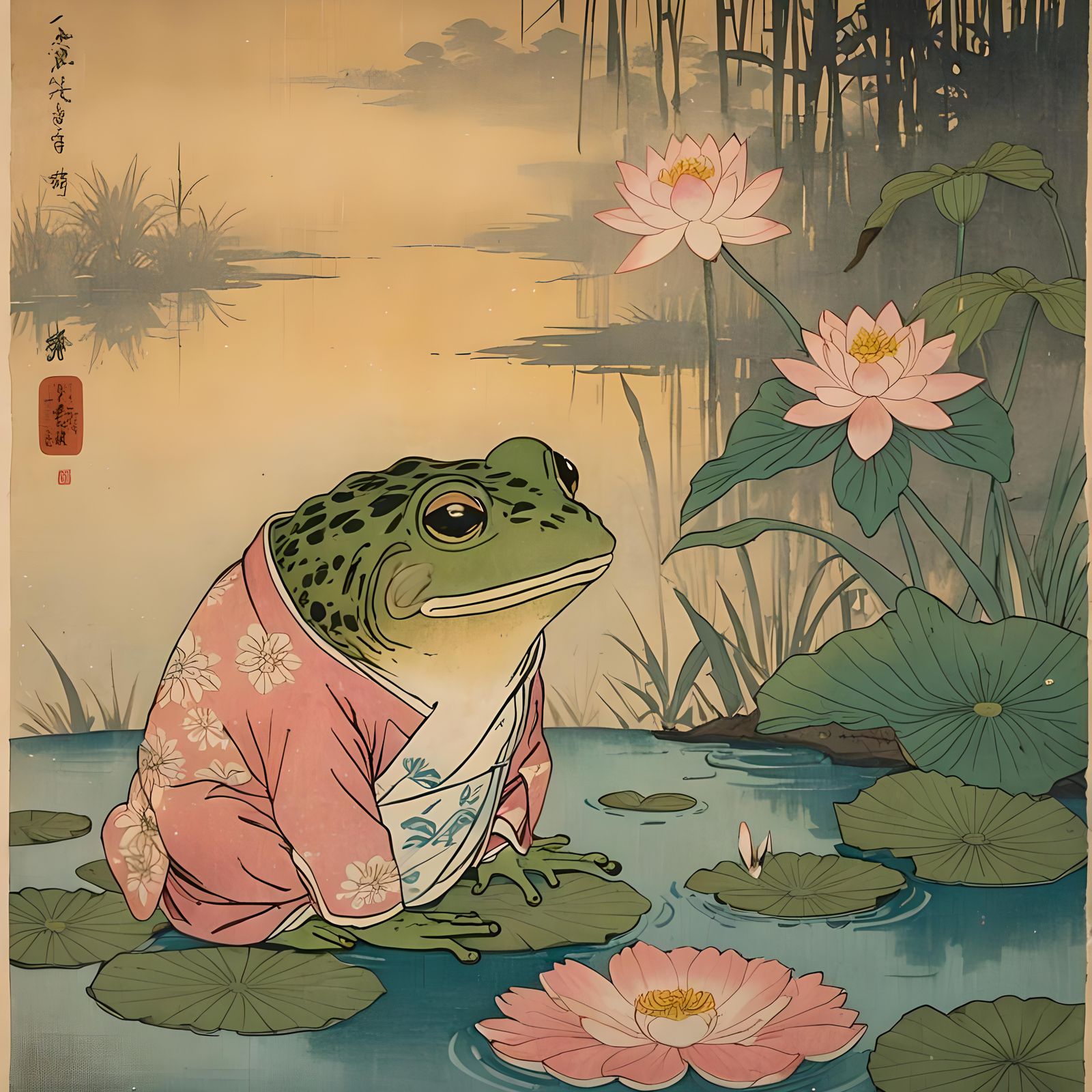 Frog in Kimono: Ukiyo-e Style Illustration