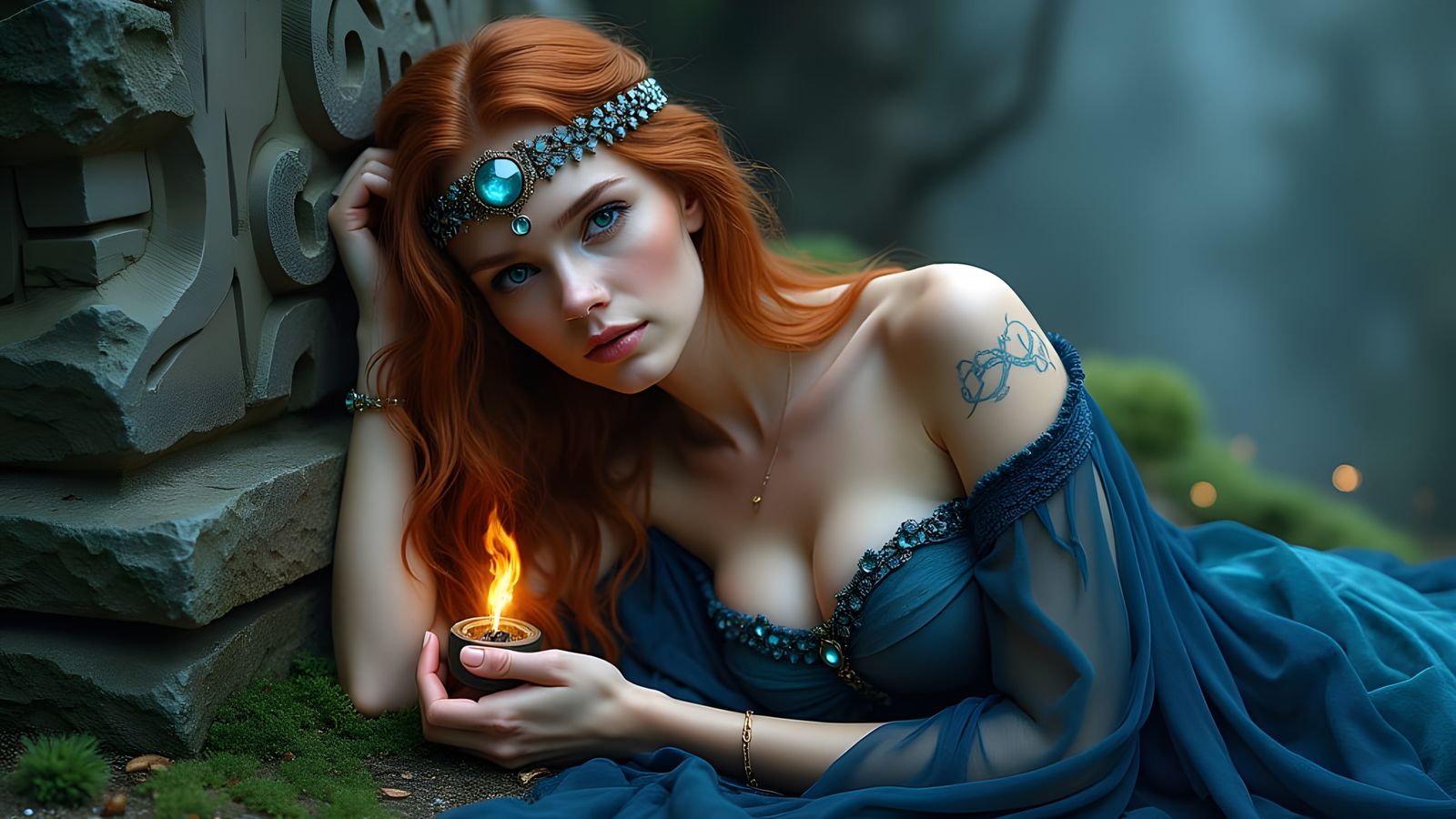 Norse Enchantress in Moonlit Altar Scene