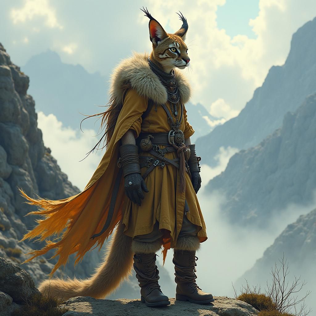 Tabaxi Wanderer in Mountain Peaks, Dreamlike Fantasy Art