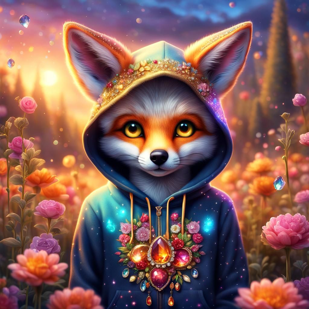 Mystical Bejeweled Fox in Hoodie: Cute Kawaii Art