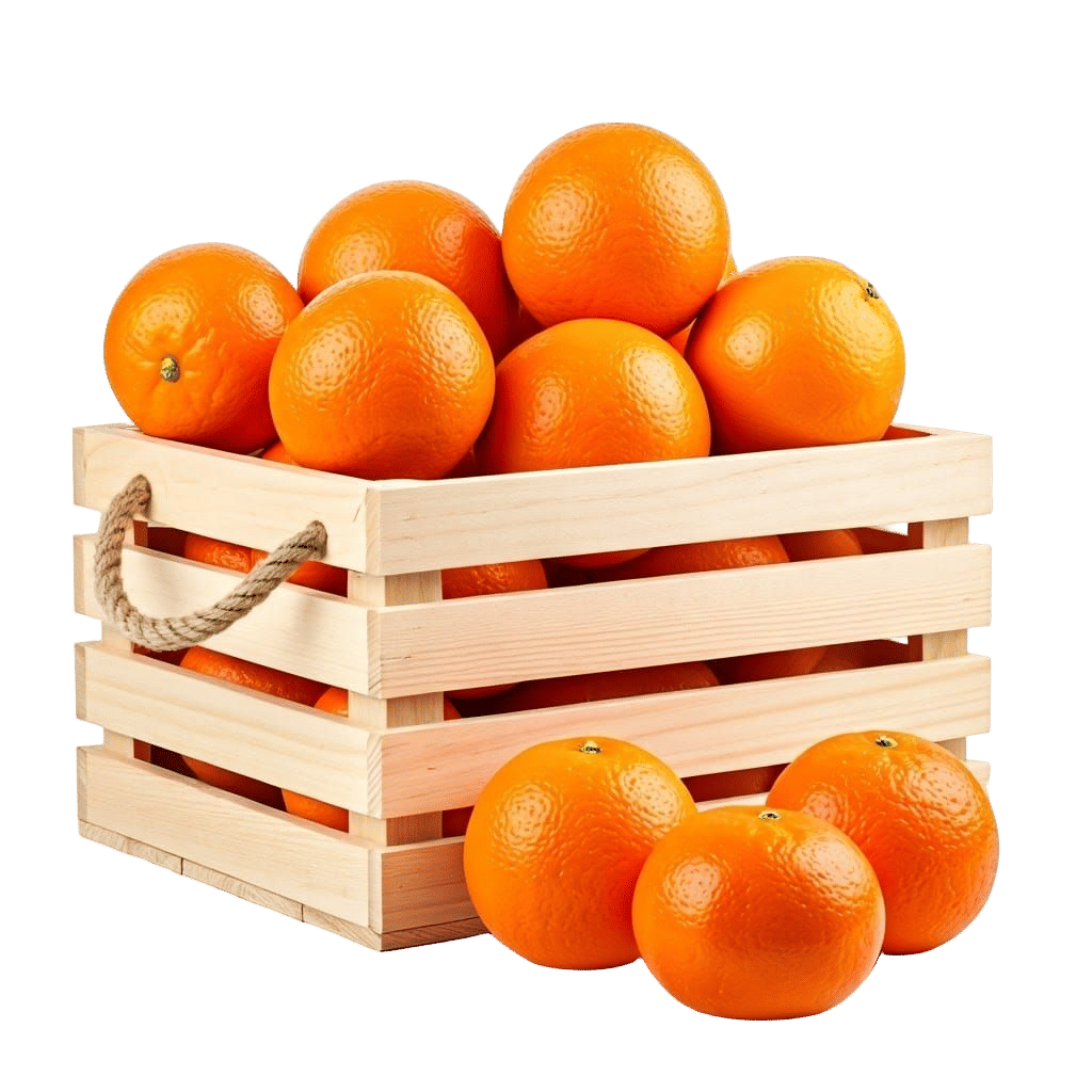 Vibrant Studio Still Life of Oranges in a Rustic Wooden Crat...